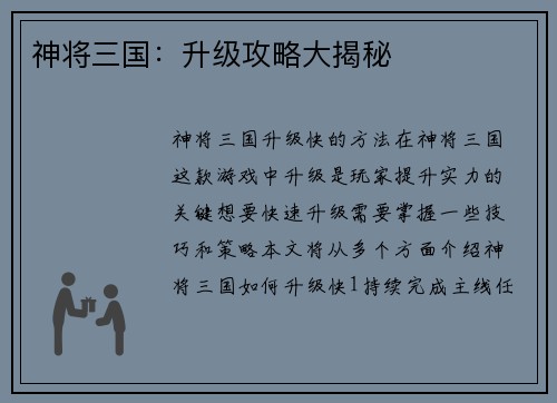 神将三国：升级攻略大揭秘