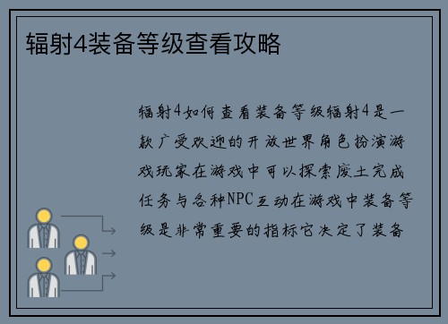 辐射4装备等级查看攻略