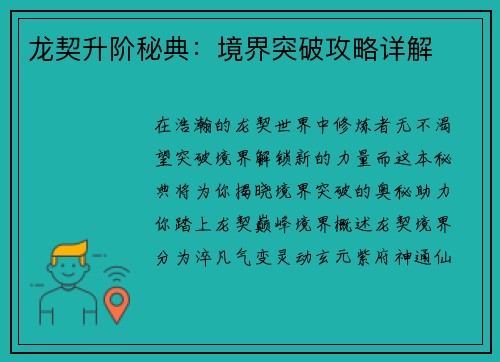 龙契升阶秘典：境界突破攻略详解